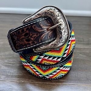 Nocona Genuine Leather,tooled,beaded Aztec print,western,silver removable buckle